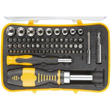 Отвертки реверсивная и для точных работ, набор 65 шт., пластиковый прорезиненный кейс ФИТ