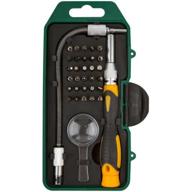 Отвертка с битами для точных работ, 30 crv бит, гибкий переходник 190 мм, лупа, в пластиковом футляр