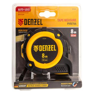 Рулетка 8 м х 32 мм, магнитый зацеп, автостоп, двухсторонняя разметка, обрезиненная, Denzel
