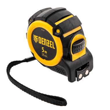 Рулетка 5 м х 25 мм, магнитый зацеп, автостоп, двухсторонняя разметка, обрезиненная, Denzel