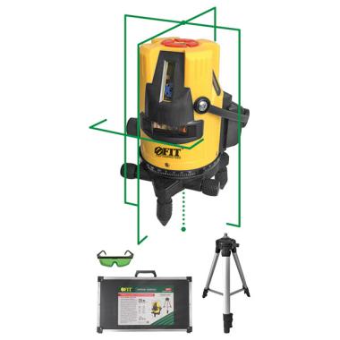 Уровень лазерный самоуспокаивающийся, зеленые лучи, горизонталь + 4 вертикали, диапазон 20 м, li-ion аккум., 2 ур. яркости, тренога, кейс
