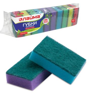 Губки бытовые STANDART 26х80х53мм КОМПЛЕКТ 10шт поролон/абразив для посуды/уборки LAIMA К002, 601551