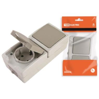 Блок.Выключатель"Вуокса"2ОП+ розетка с/з,вертикал. IP 54 белый "TDM"