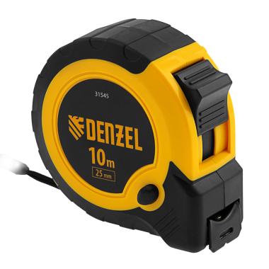 Рулетка, 10 м х 25мм, 2кл. точности, 3 фискации, обрезиненная, "Button Pause", Denzel