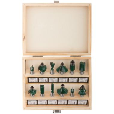 Фрезы по дереву, набор 12 шт. в деревянном корпусе, хвостовик 8 мм