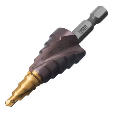 Сверло ступенчатое 4-6-8-10-12-14-16-18-20 мм, кобальт 5%, 6-гранный хвостовик, Denzel