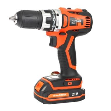 Дрель-шуруповерт аккумуляторная PATRIOT BR 210Li две батареи Li-ion, 21Vmax, 2,0 Ah, 59 Нм, бесщеточный двигатель,  патрон 13мм, большой кейс, зарядка за 1 час, комплект бит и сверл,  UES