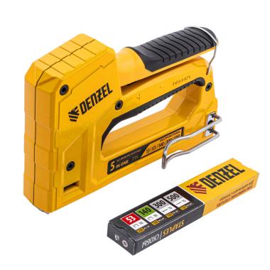 Степлер мебельный 5в1, тип 53 и 13, 6-14мм, тип 140, 10-14мм, тип 300, 15мм, тип 500, 15мм// Denzel