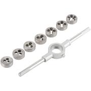 Плашки метрические, легированная сталь Профи 8 шт. М3-М12, плашкодержатель, блистер ФИТ