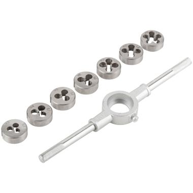 Плашки метрические, легированная сталь Профи 8 шт. М3-М12, плашкодержатель, блистер ФИТ