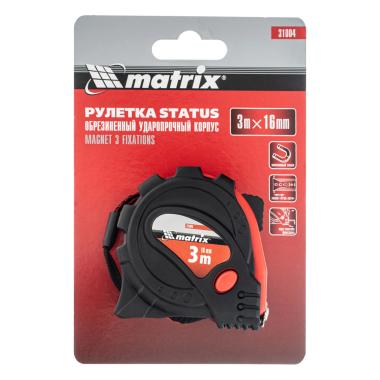Рулетка 3 м х 16 мм, 2кл точности, магнитный зацеп, 3 фиксатора, обрезиненная, "Status", Matrix