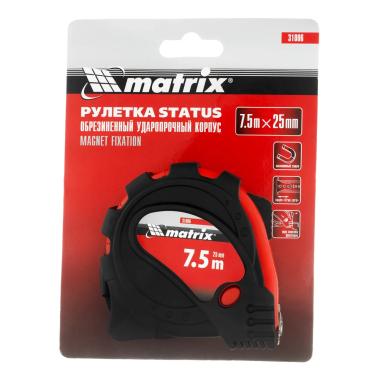 Рулетка 7,5 м х 25 мм, 2кл точности, магнитный зацеп, 3 фиксатора, обрезиненная, "Status", Matrix