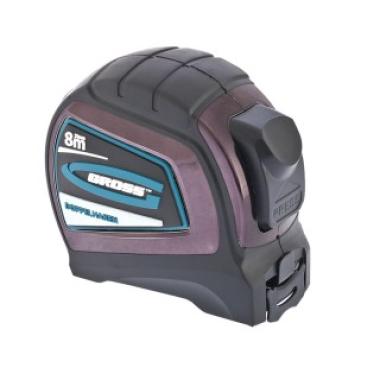 Рулетка 8 м x 25 мм, 2кл.точн., автостоп, двойные зацеп и шкала, обрезиненная, "Doppelhaken", Gross