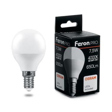 Лампа 7.5Вт Е14 4000К (шар матовый) LB-1407 Feron PRO