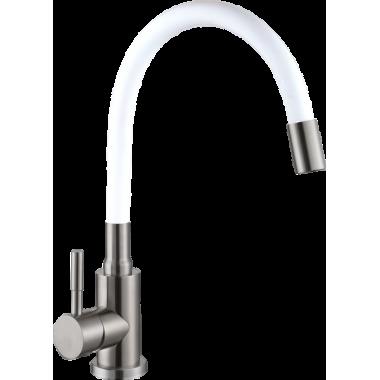 Смеситель для кухни шаровый, высокий силиконовый излив белый, нерж.сталь Дюна 511519 АНТЕЙ