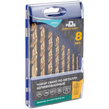 Набор сверл по металлу hss шлифованные, титановое покрытие, угол заточки 135°, пласт. кейс, 8 шт. (3-4-5-6-7-8-9-10 мм) MOS