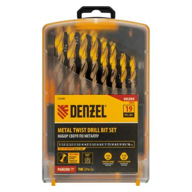 Набор сверл по металлу, 1-10 мм, кобаль 8%, Golden Tip, 19 шт Denzel