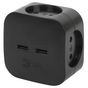 Тройник (разветвитель) 10А б/з на 4 розетки+ 2хUSB Черный ЭРА